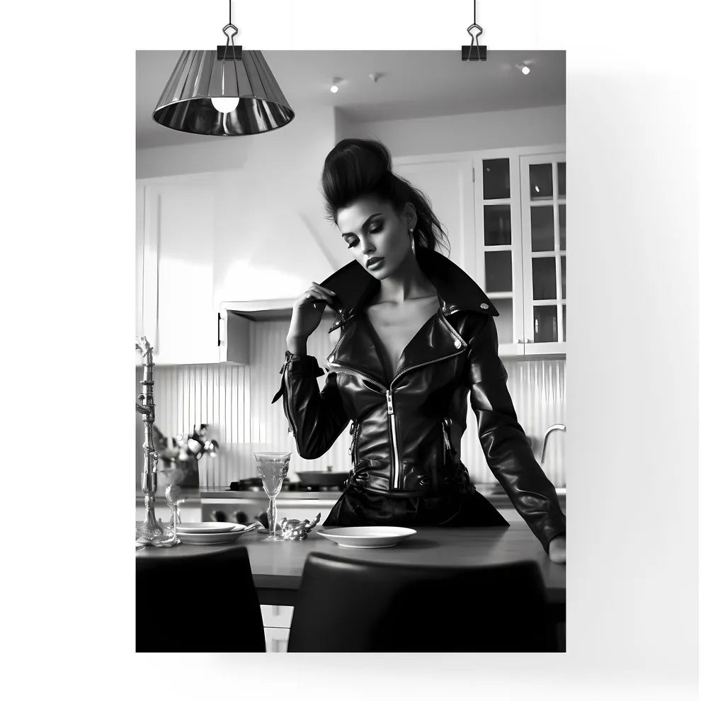 A Poster of leather goddess in a tres chic k Poster