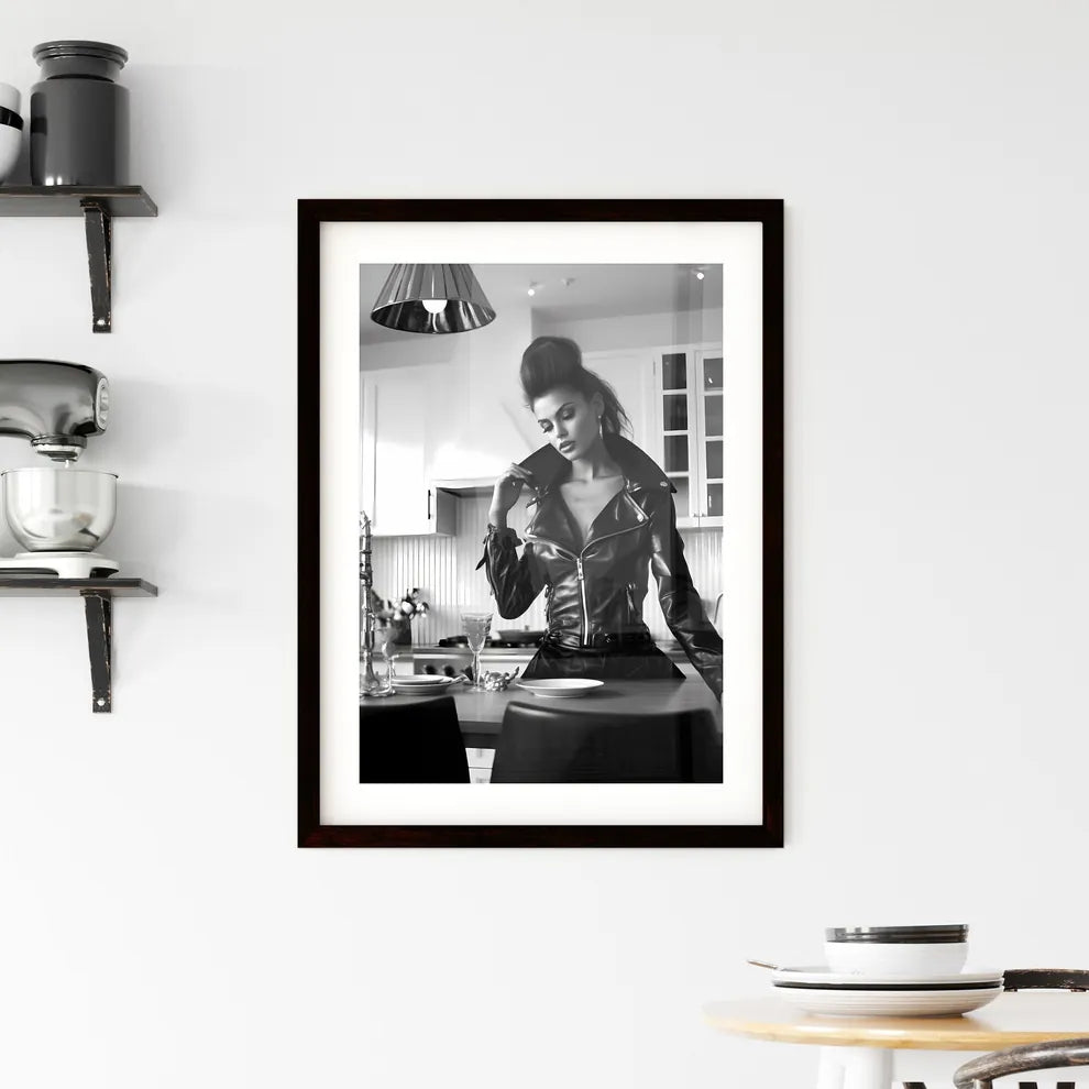 A Poster of leather goddess in a tres chic k Framed Print