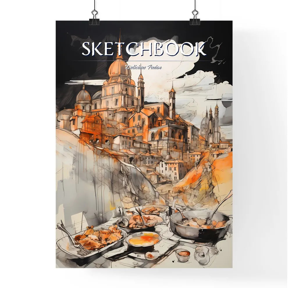 A Poster of tika masala food drawing sketchbook art - A Painting Of A City With A Large Building And A Large Dome Poster