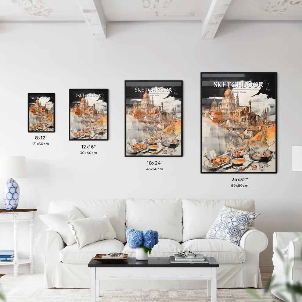 A Poster of tika masala food drawing sketchbook art - A Painting Of A City With A Large Building And A Large Dome Size Chart