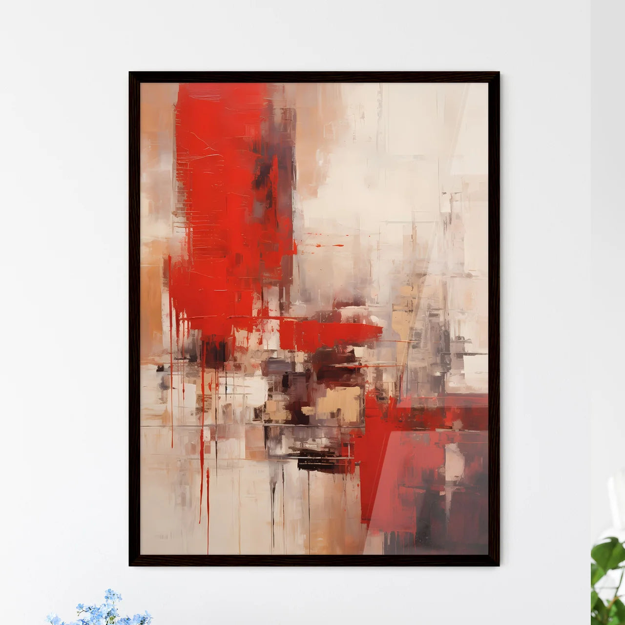 A Poster of a painting of cities in reds and - Framed Art Print
