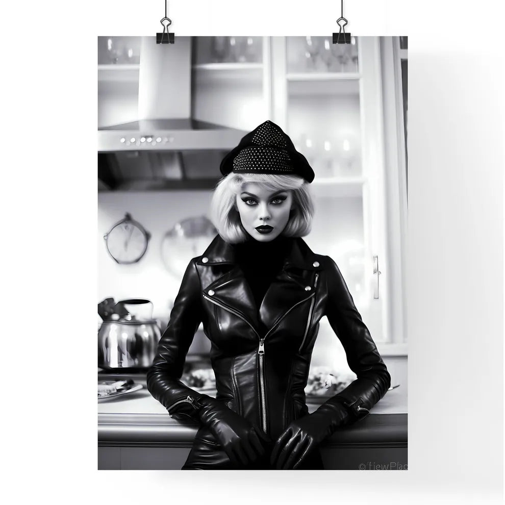 A Poster of leather goddess in a tres chic kitchen  Poster