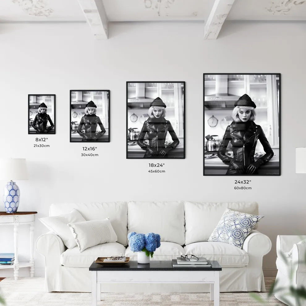 A Poster of leather goddess in a tres chic kitchen  Size Chart