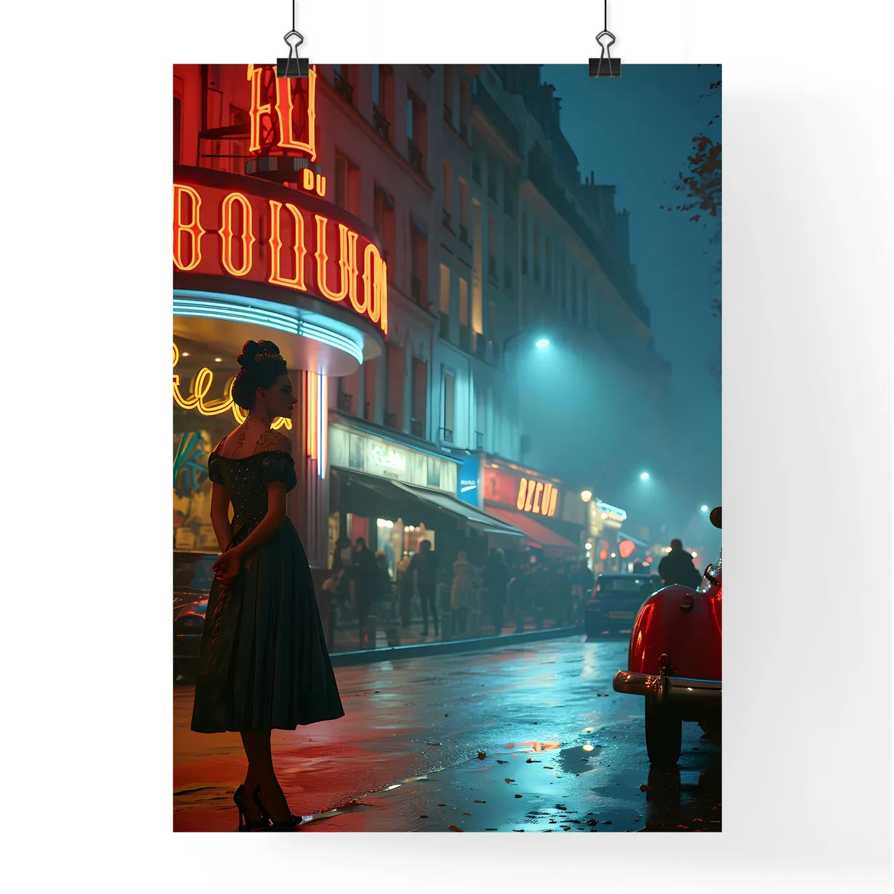 A Poster of Une lofi girl regardant - A Woman Standing On A Street In Front Of A Neon Sign Poster
