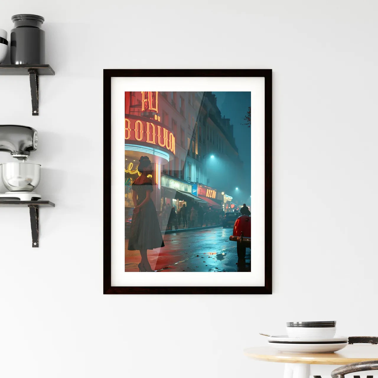 A Poster of Une lofi girl regardant - A Woman Standing On A Street In Front Of A Neon Sign Custom Print