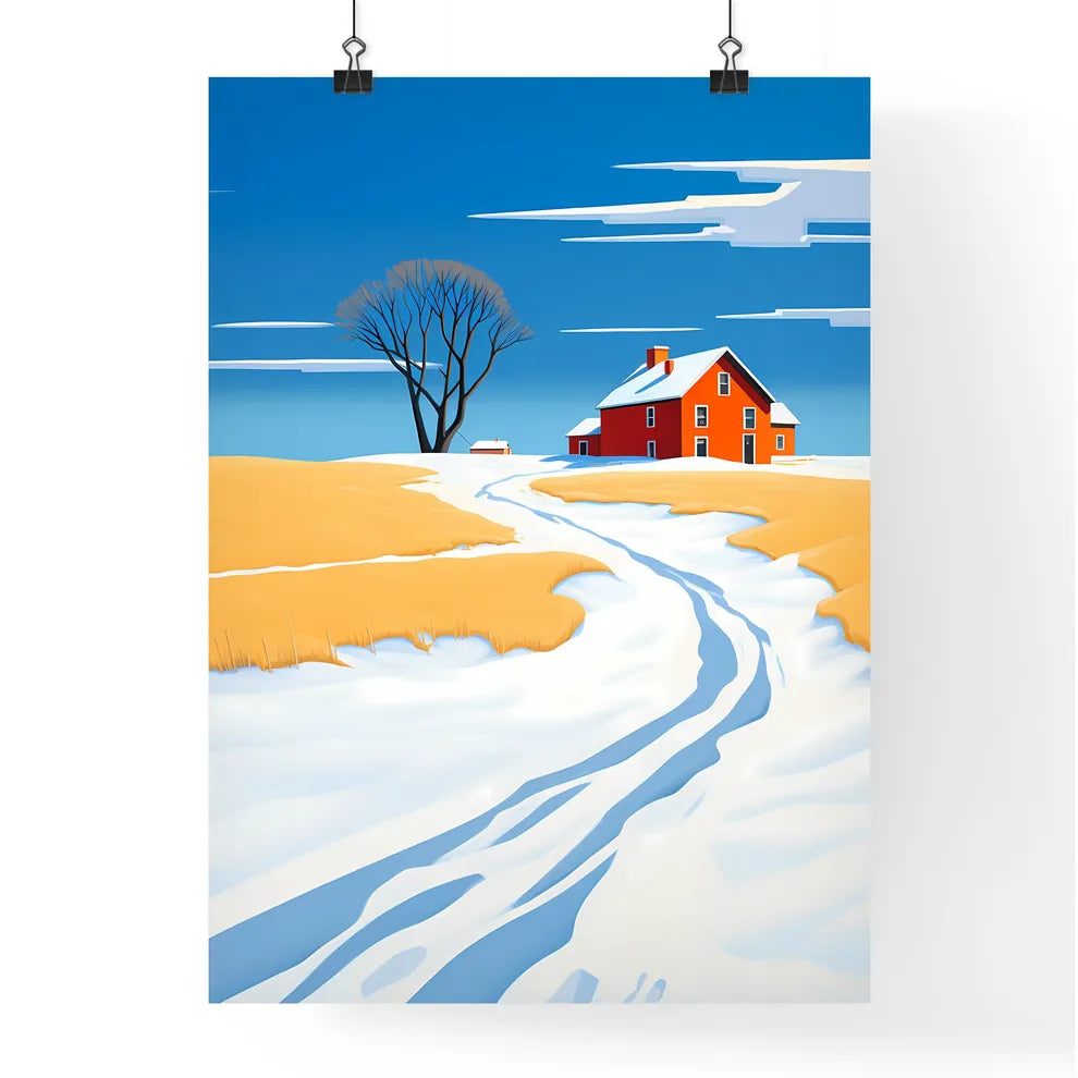 A Poster of prairie farmhouse buried in snow - A Snow Covered Road Leading To A House Poster