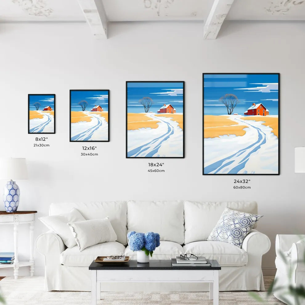 A Poster of prairie farmhouse buried in snow - A Snow Covered Road Leading To A House Size Chart