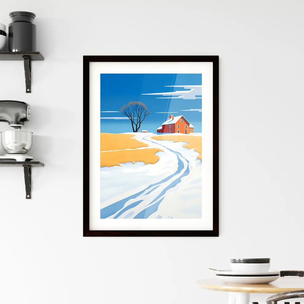 A Poster of prairie farmhouse buried in snow - A Snow Covered Road Leading To A House Custom Print