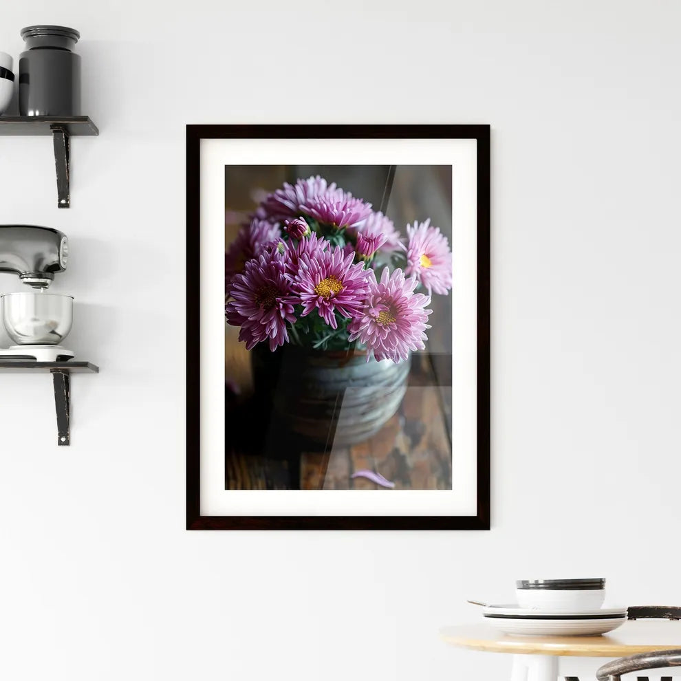A Poster of A pot of purple chrysanthemums b Framed Print