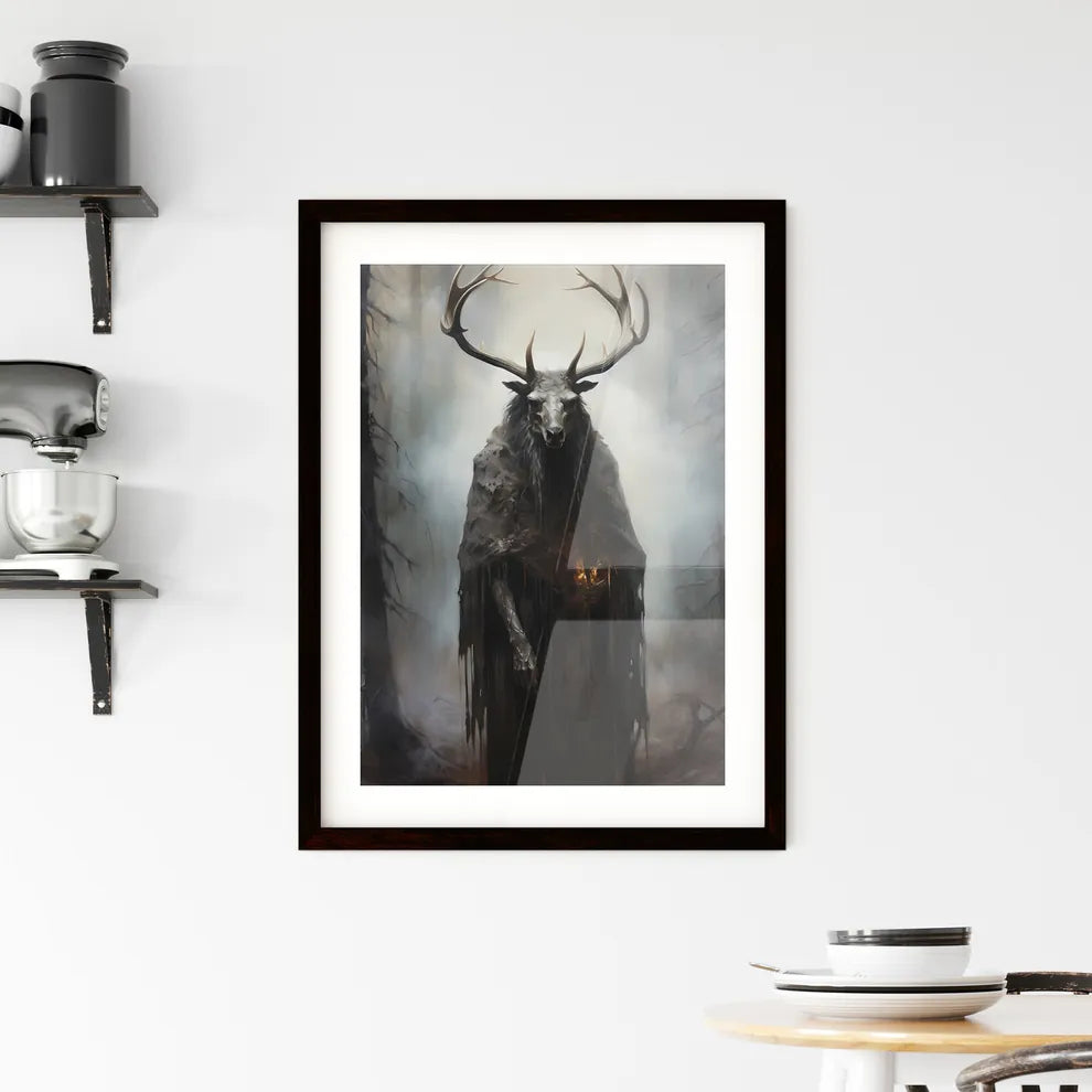 A Poster of an oil painting of a black elk in the fog  Framed Print