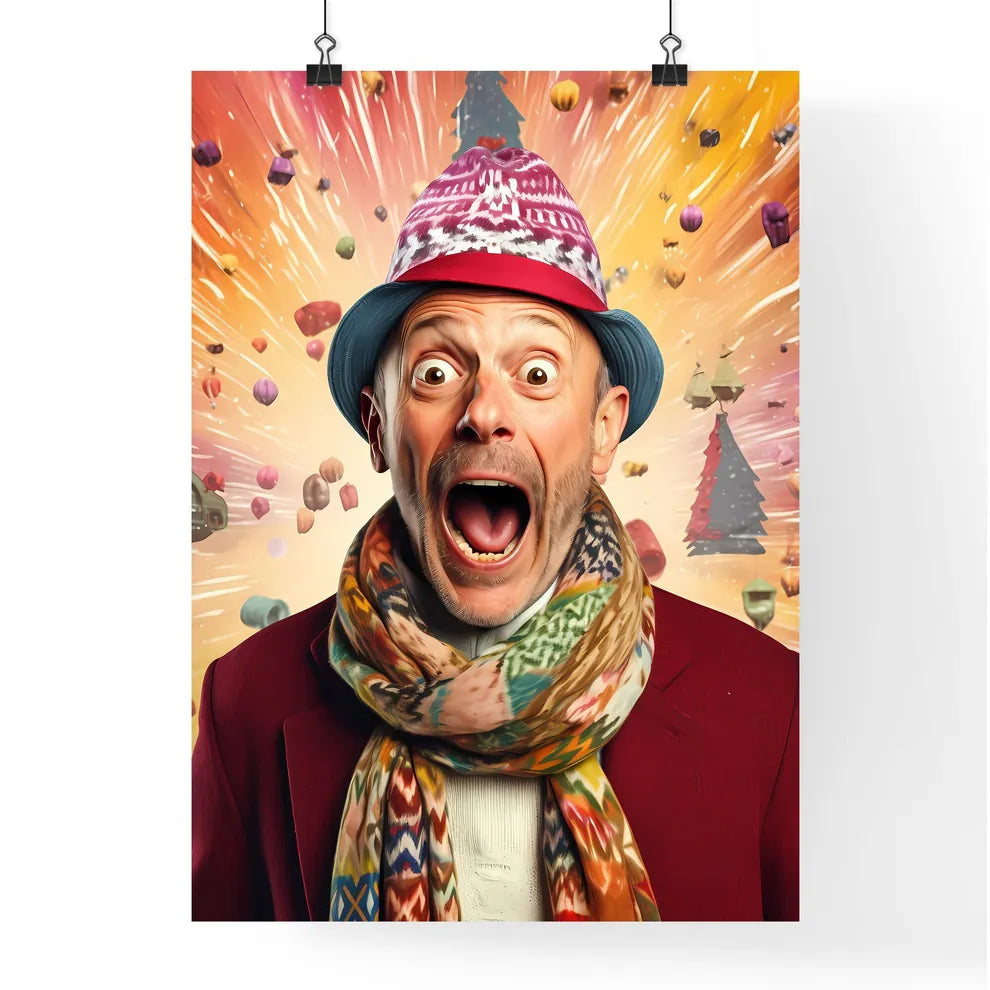 A Poster of happy suprised man wearing santa hat  Poster