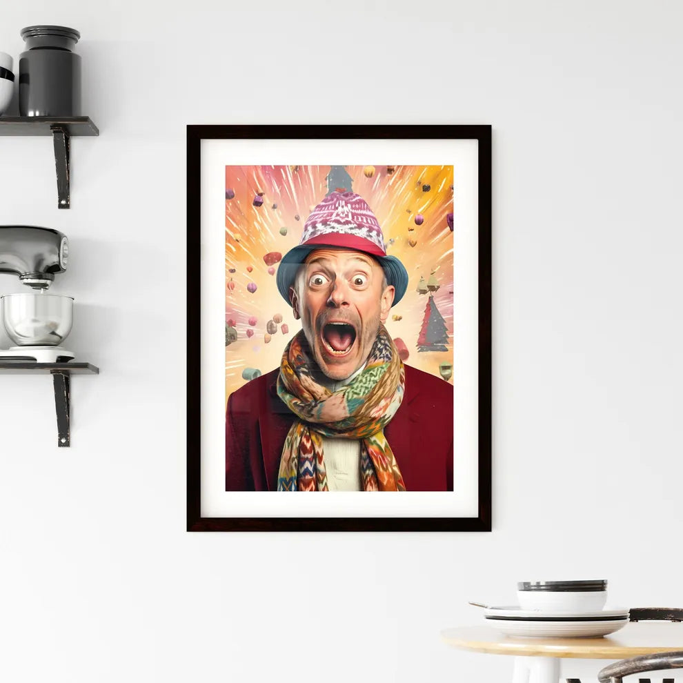 A Poster of happy suprised man wearing santa hat  Hangings