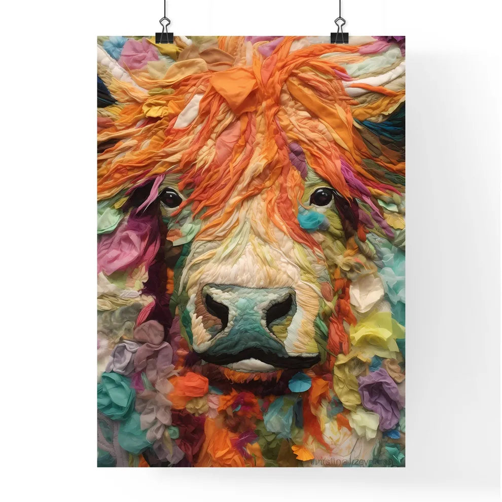 A Poster of Embroidery impasto painting highland cow  Poster