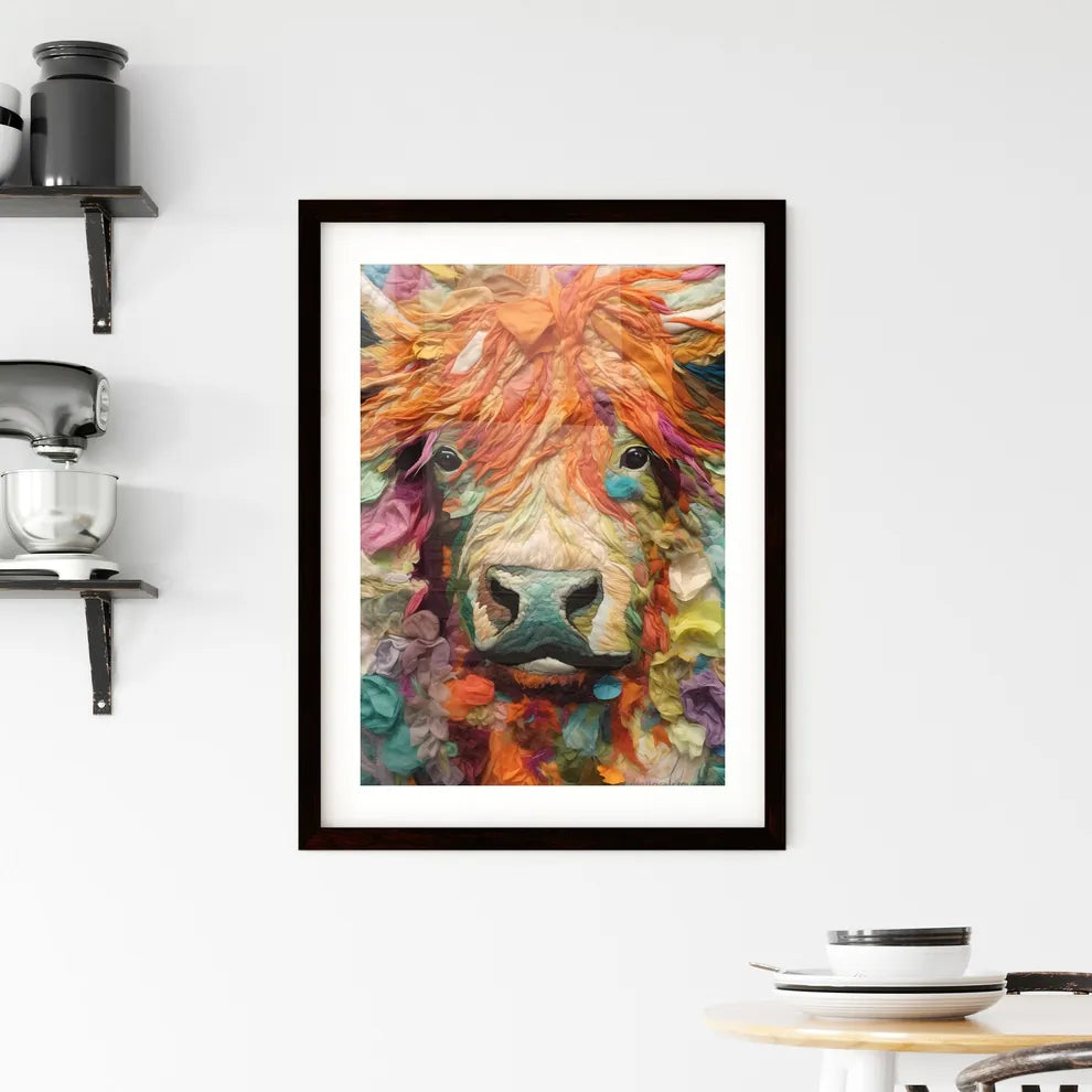 A Poster of Embroidery impasto painting highland cow  Framed Print