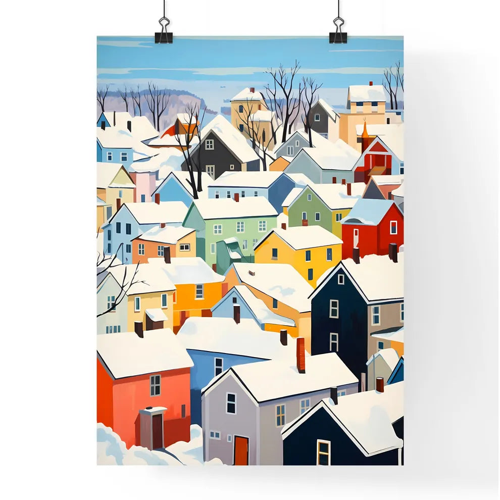 A Poster of snowy german small town roofs - A Group Of Colorful Houses Covered In Snow Poster