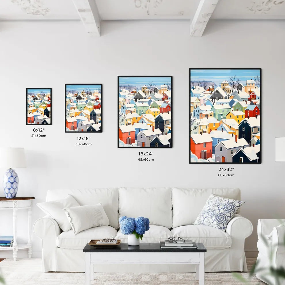 A Poster of snowy german small town roofs - A Group Of Colorful Houses Covered In Snow Size Chart