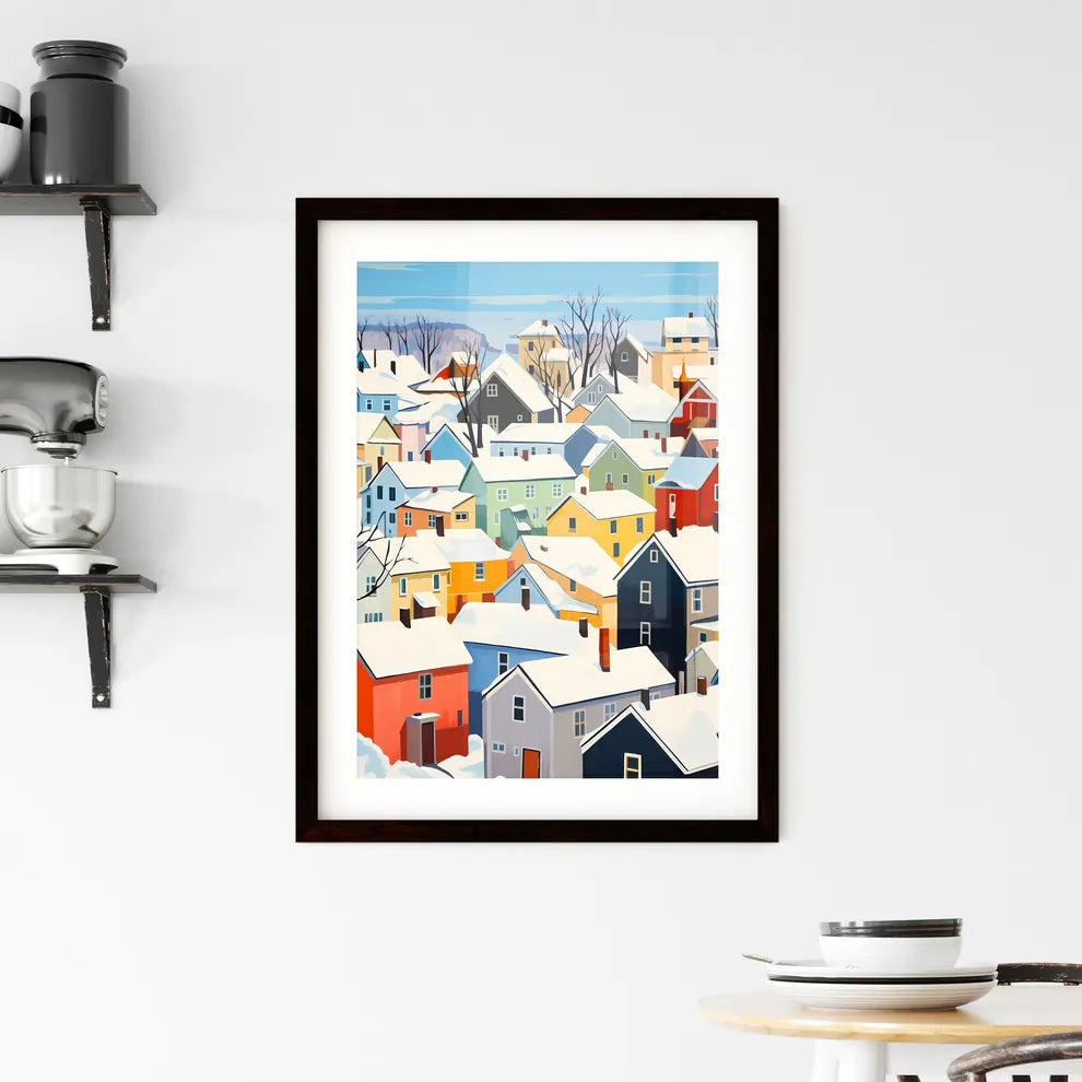 A Poster of snowy german small town roofs - A Group Of Colorful Houses Covered In Snow Custom Print