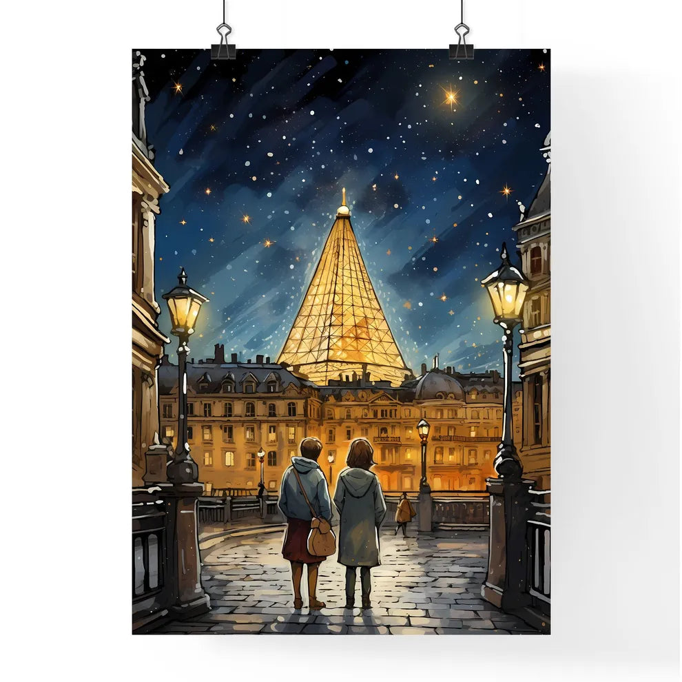 A Poster of adorable christmas illustration card - A Couple Of People Walking In A Courtyard With A Large Pyramid In The Background Poster