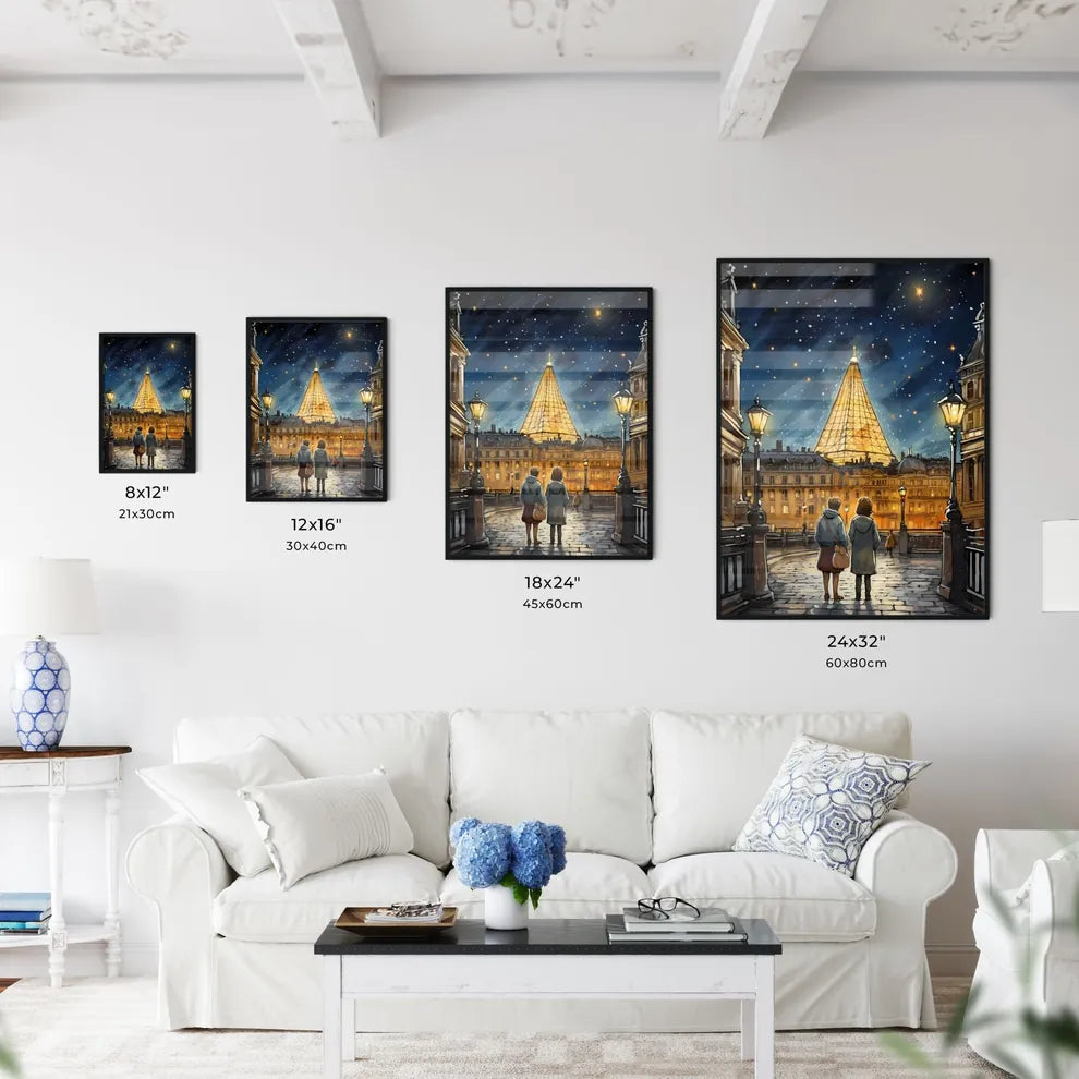 A Poster of adorable christmas illustration card - A Couple Of People Walking In A Courtyard With A Large Pyramid In The Background Size Chart