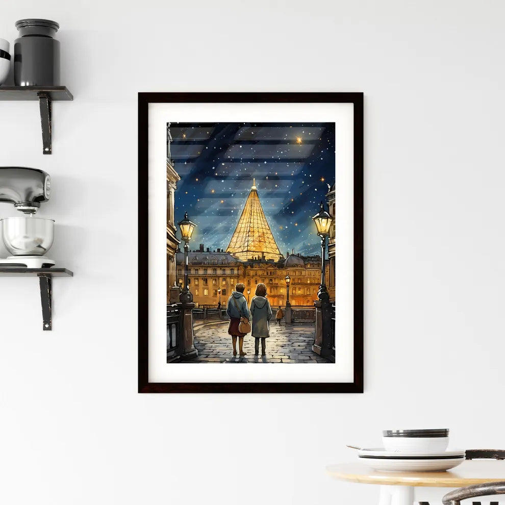A Poster of adorable christmas illustration card - A Couple Of People Walking In A Courtyard With A Large Pyramid In The Background Custom Print
