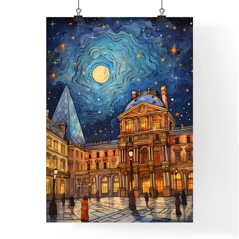 A Poster of adorable christmas illustration card - A Building With A Pyramid Shaped Building And A Moon In The Sky Poster