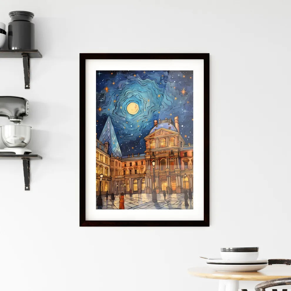 A Poster of adorable christmas illustration card - A Building With A Pyramid Shaped Building And A Moon In The Sky Custom Print