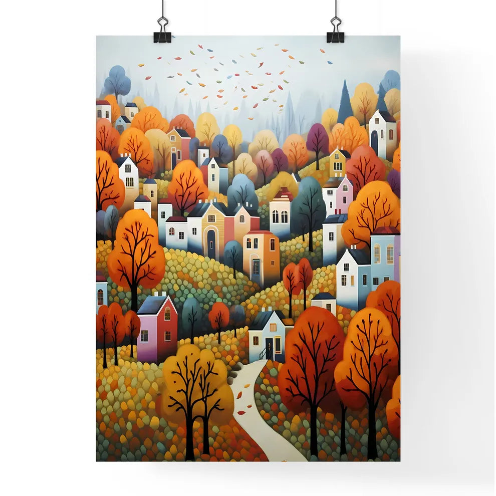 A Poster of autumn landscape - A Painting Of A Town With Colorful Trees And A Path Poster