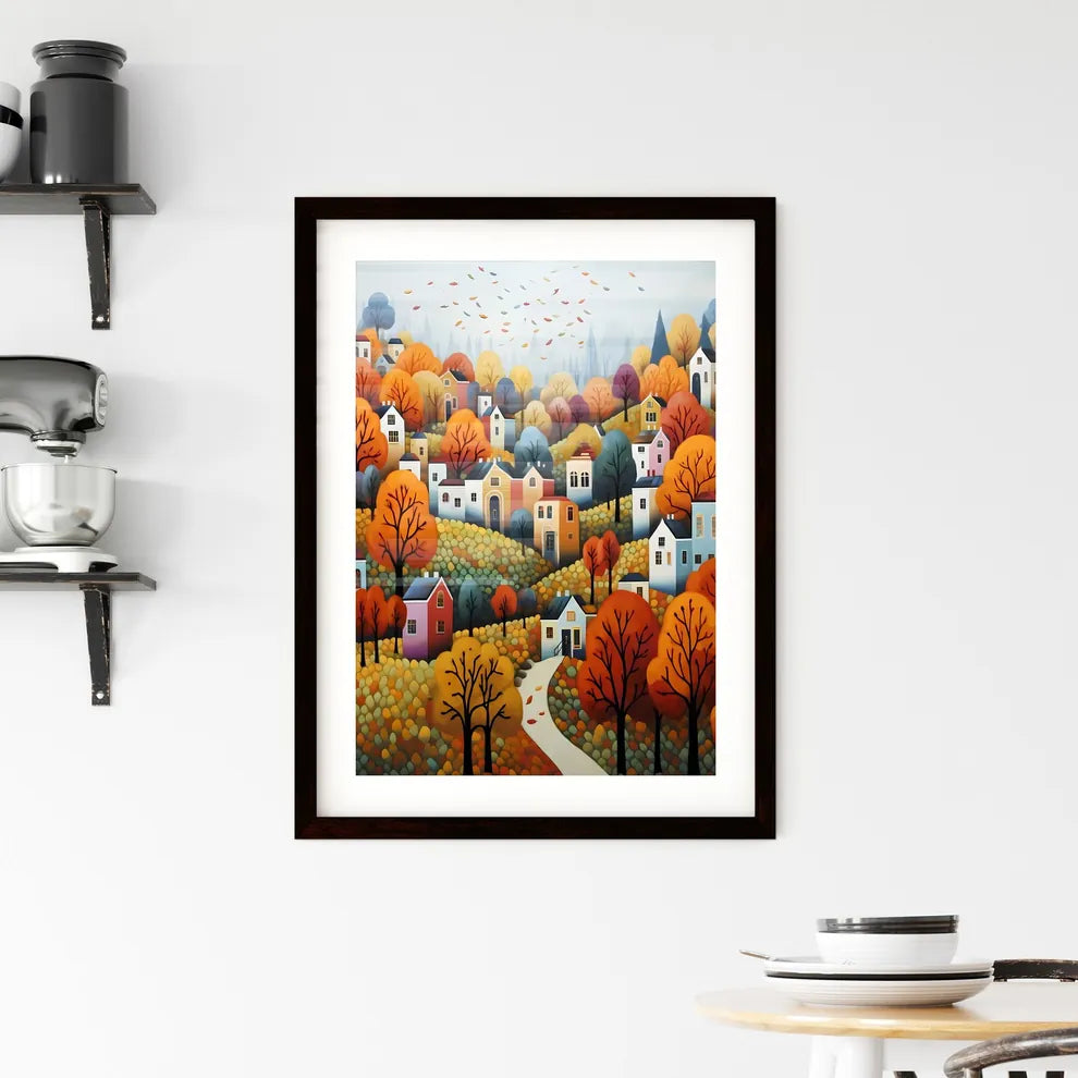 A Poster of autumn landscape - A Painting Of A Town With Colorful Trees And A Path Custom Print