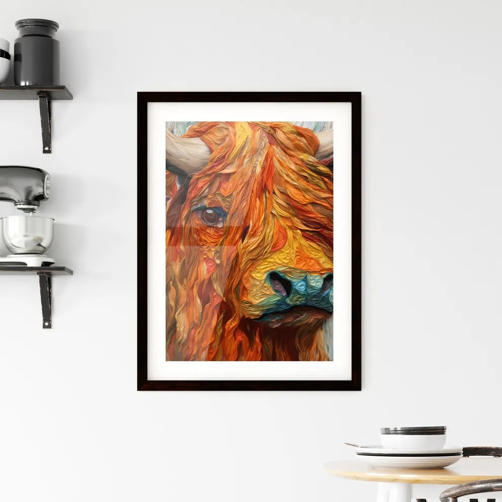 A Poster of Embroidery impasto painting highland cow  Framed Print