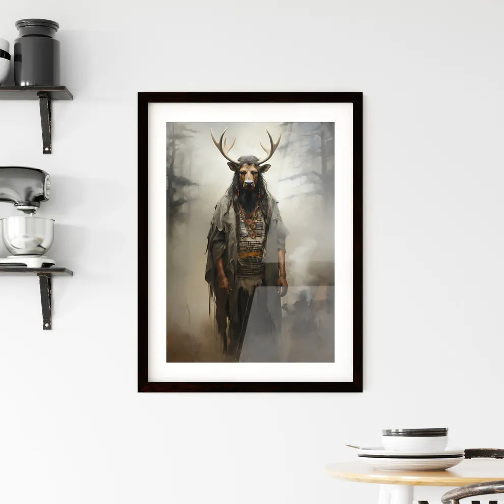 A Poster of an oil painting of a black elk in the fog  Framed Print