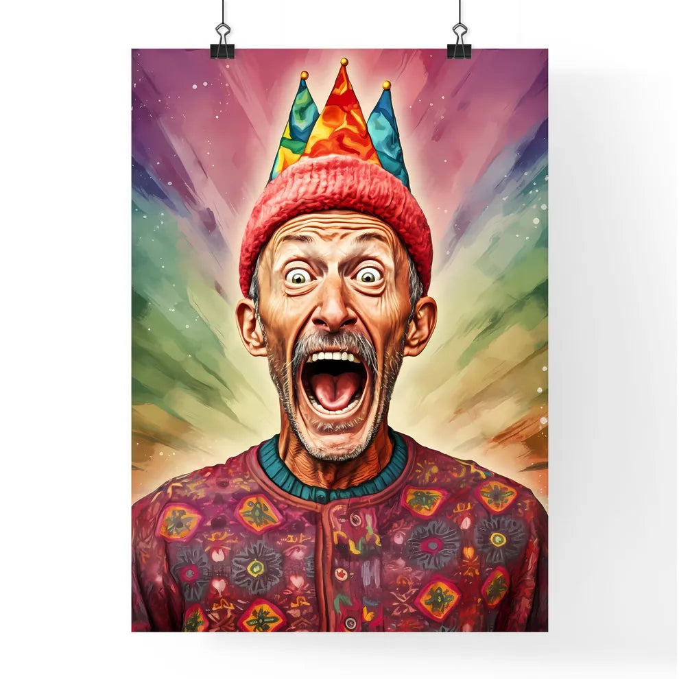 A Poster of happy suprised man wearing santa hat  Poster