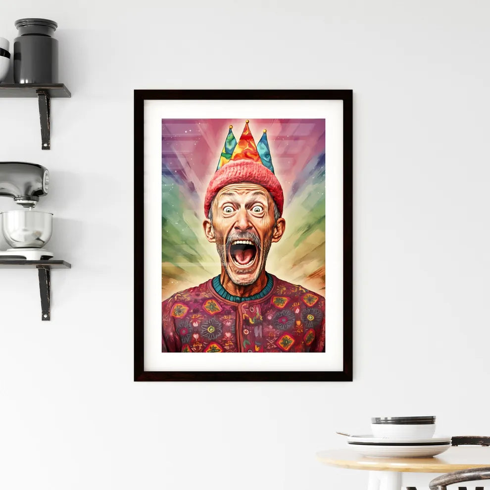 A Poster of happy suprised man wearing santa hat  Hangings