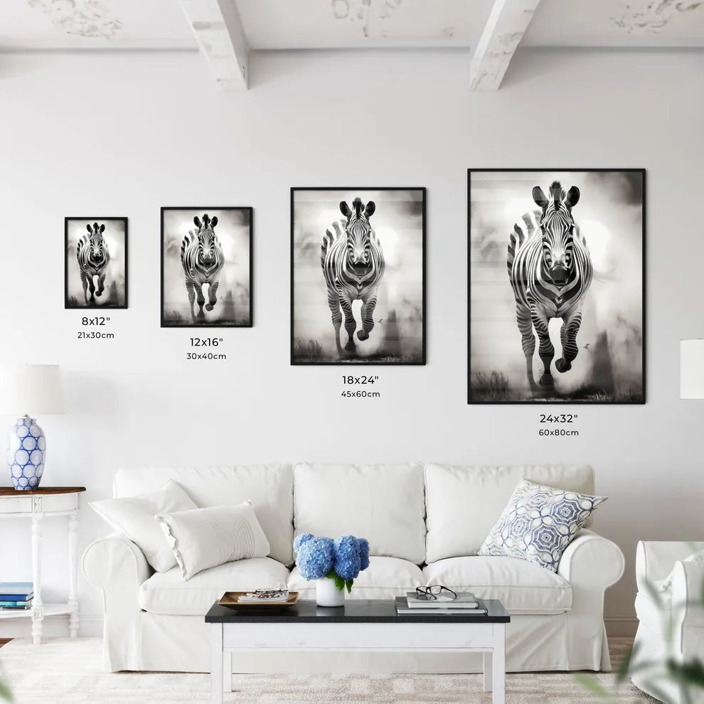 A Poster of A black and white zebra is running  Size Chart
