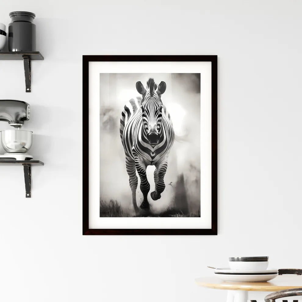 A Poster of A black and white zebra is running  Framed Print
