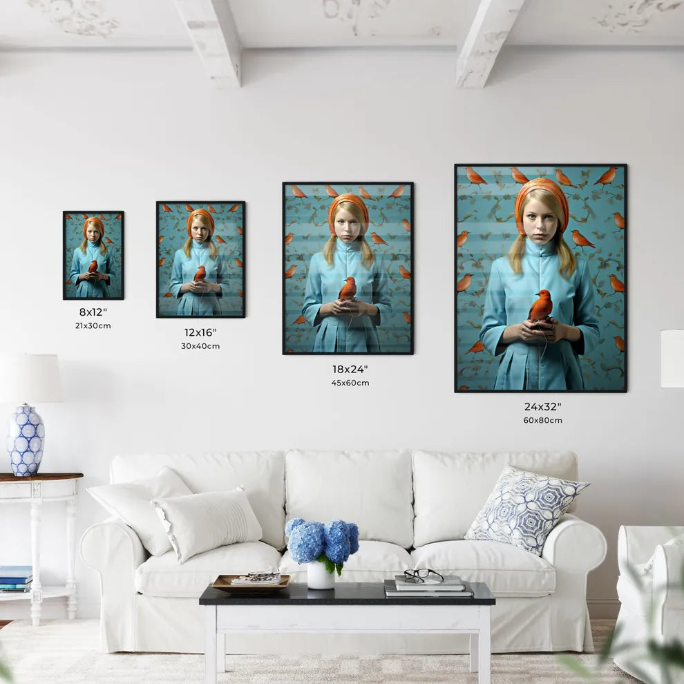 A Poster of a painting of a girl holding a blue bird  Size Chart