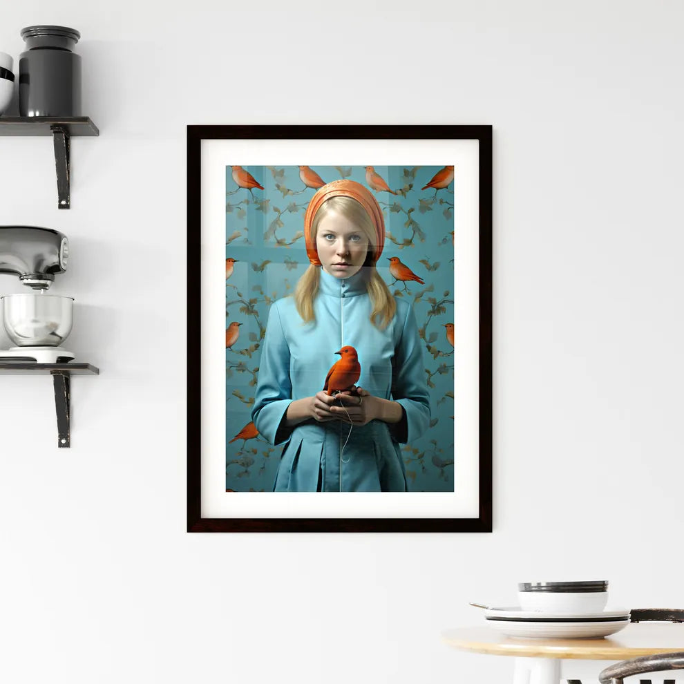 A Poster of a painting of a girl holding a blue bird  Framed Print