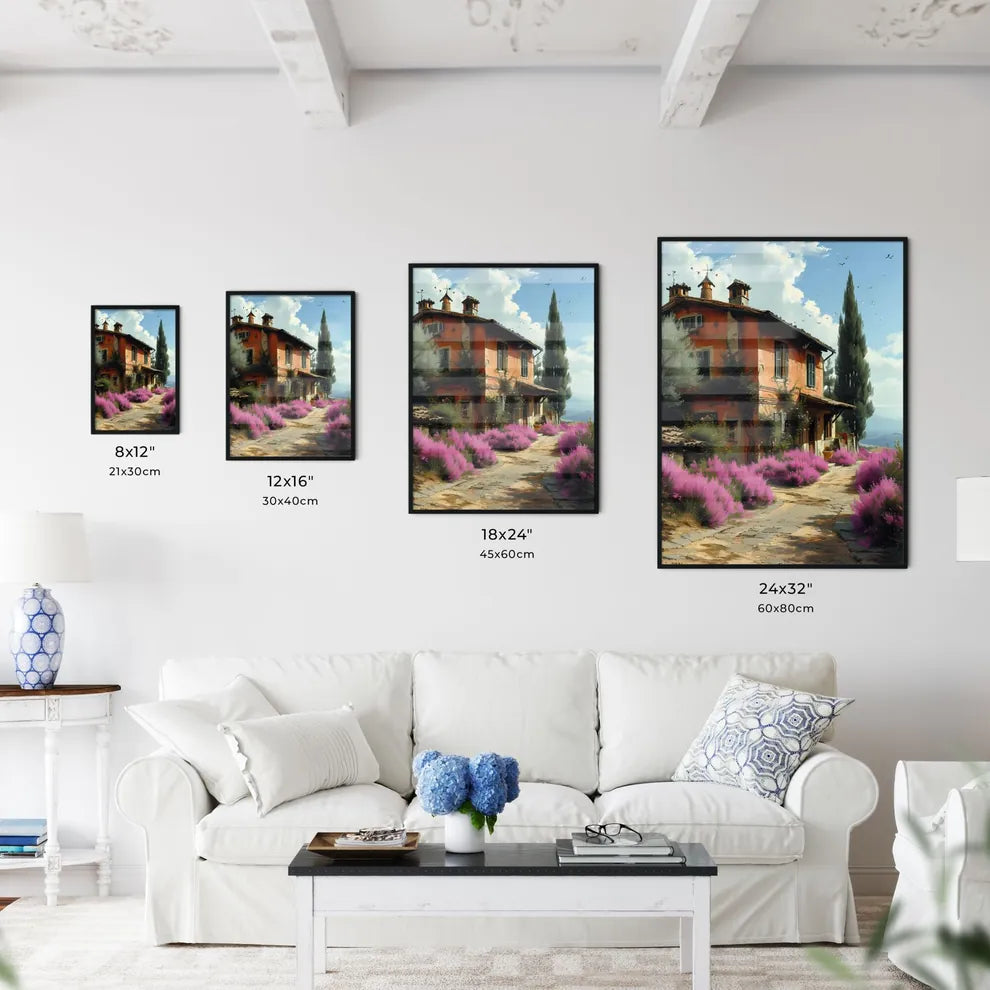 A Poster of Provence France - A House With Purple Flowers And Trees Size Chart