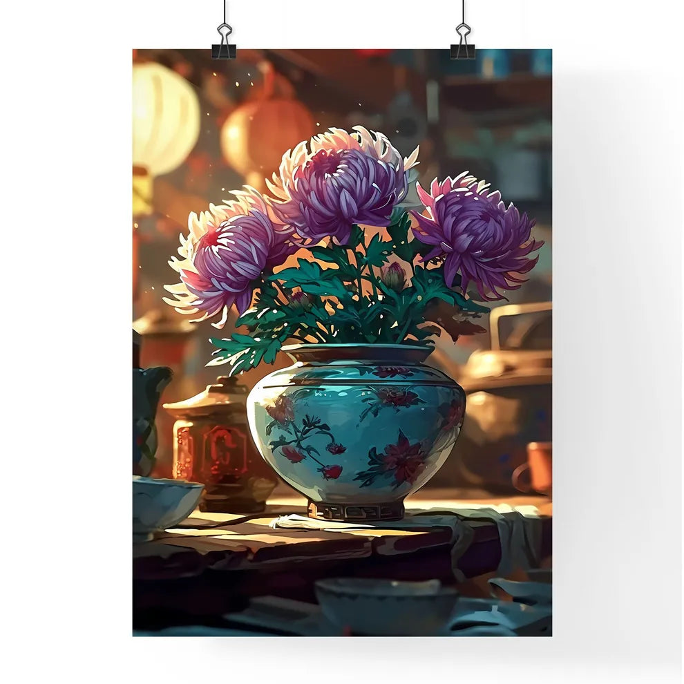 A Poster of A pot of purple chrysanthemums b Poster