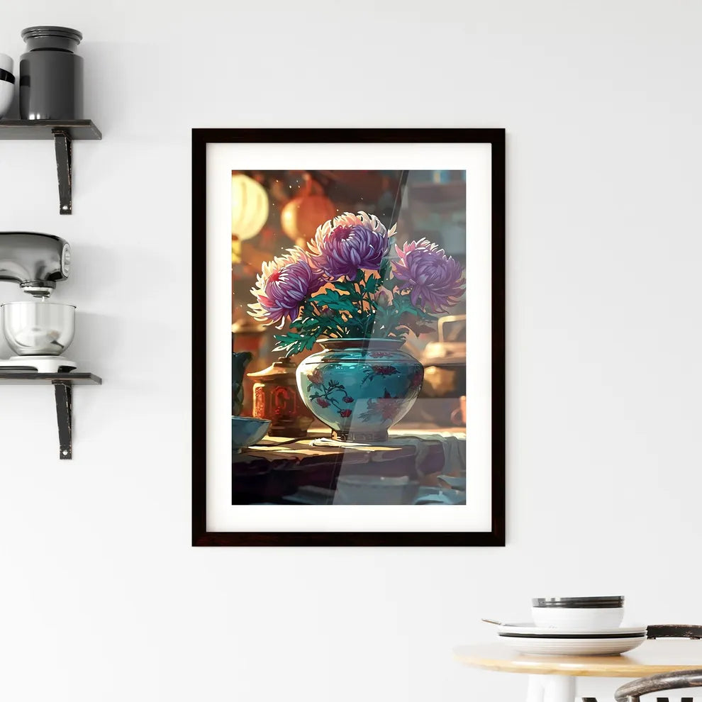 A Poster of A pot of purple chrysanthemums b Framed Print