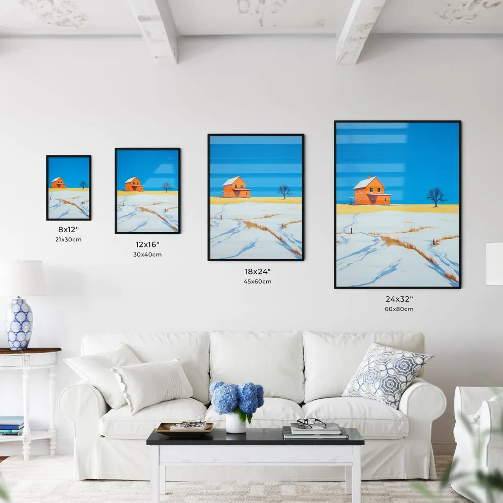 A Poster of prairie farmhouse buried in snow - A House In A Snowy Field Size Chart