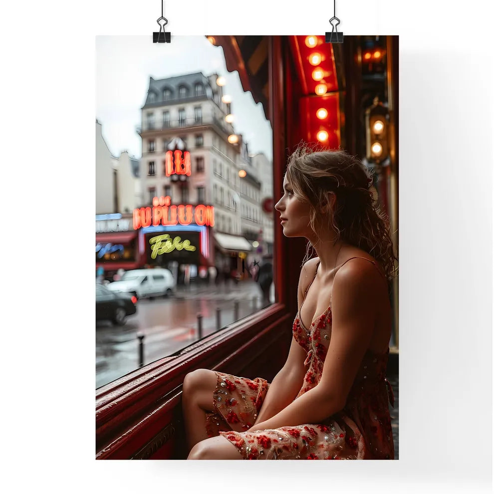 A Poster of Une lofi girl regardant - A Woman Sitting In A Window Looking Out A City Poster
