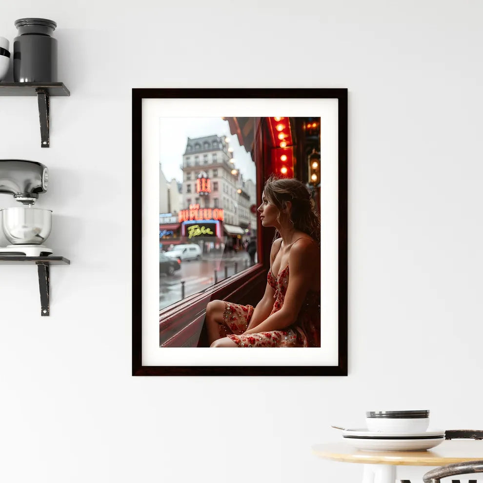 A Poster of Une lofi girl regardant - A Woman Sitting In A Window Looking Out A City Custom Print