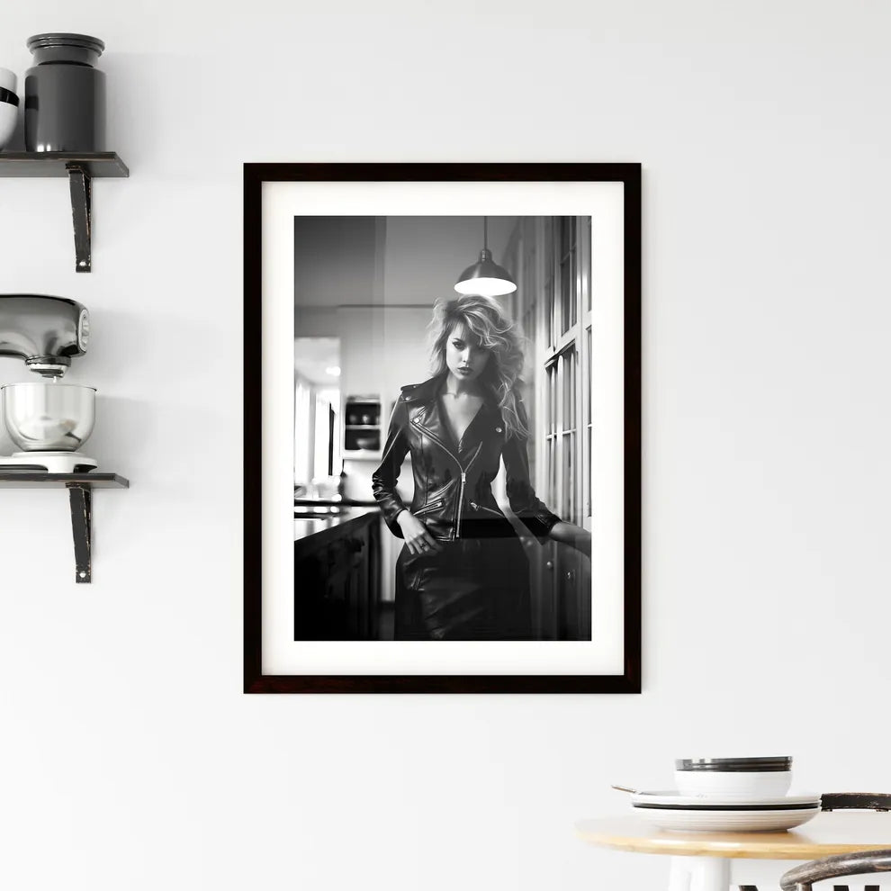 A Poster of leather goddess in a tres chic k Framed Print