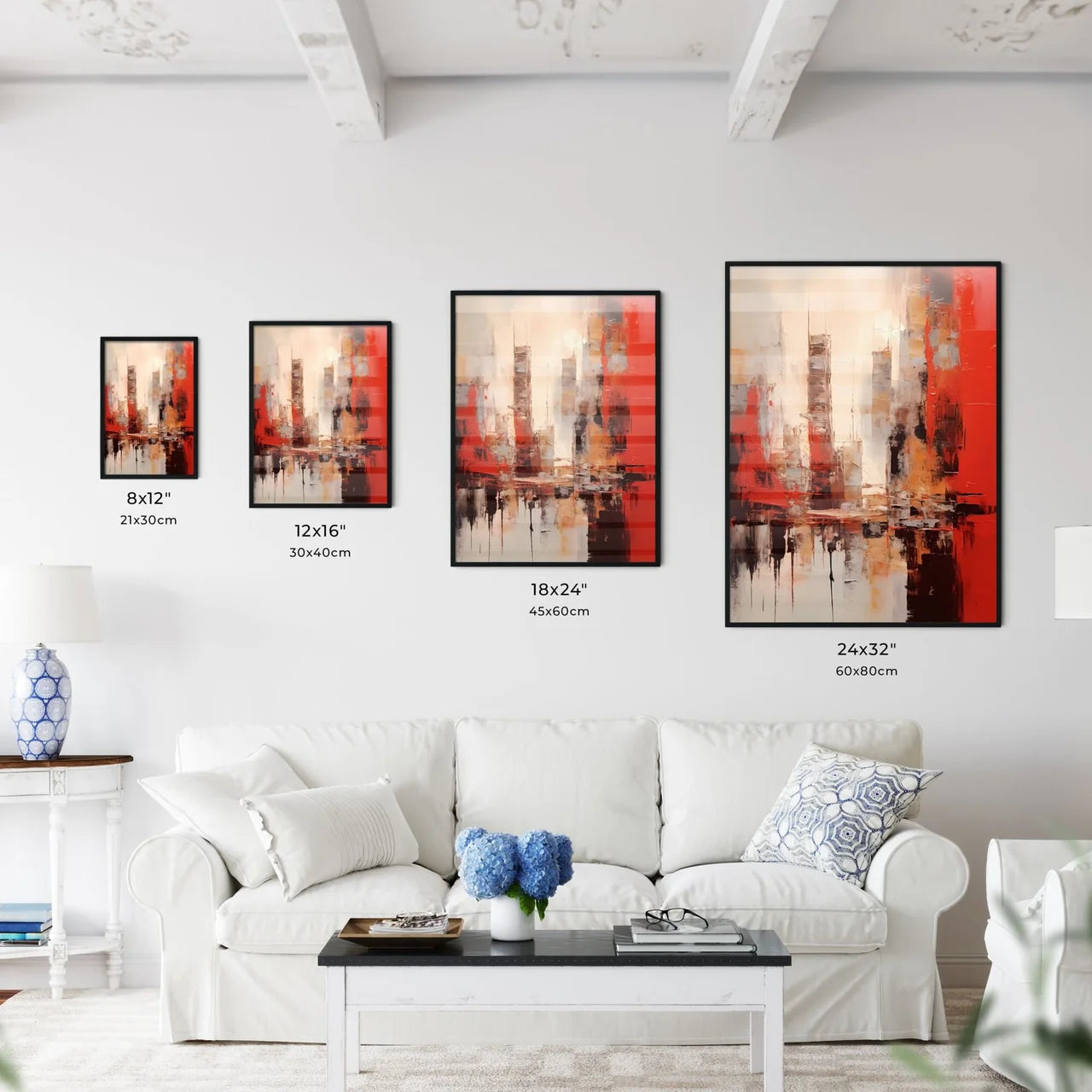 A Poster of a painting of cities in reds and browns - A Painting Of A City Size Chart