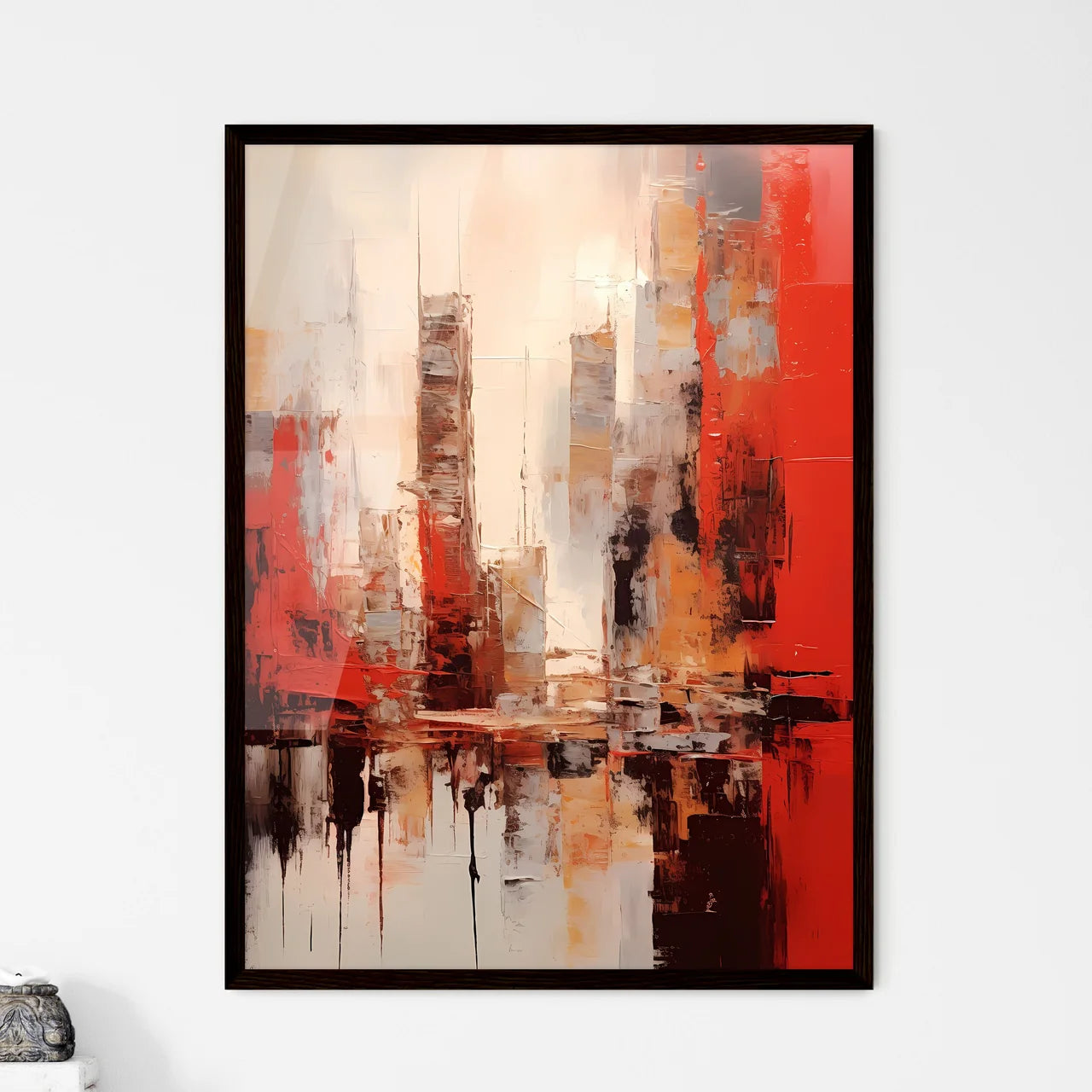 A Poster of a painting of cities in reds and browns - A Painting Of A City Framed Art