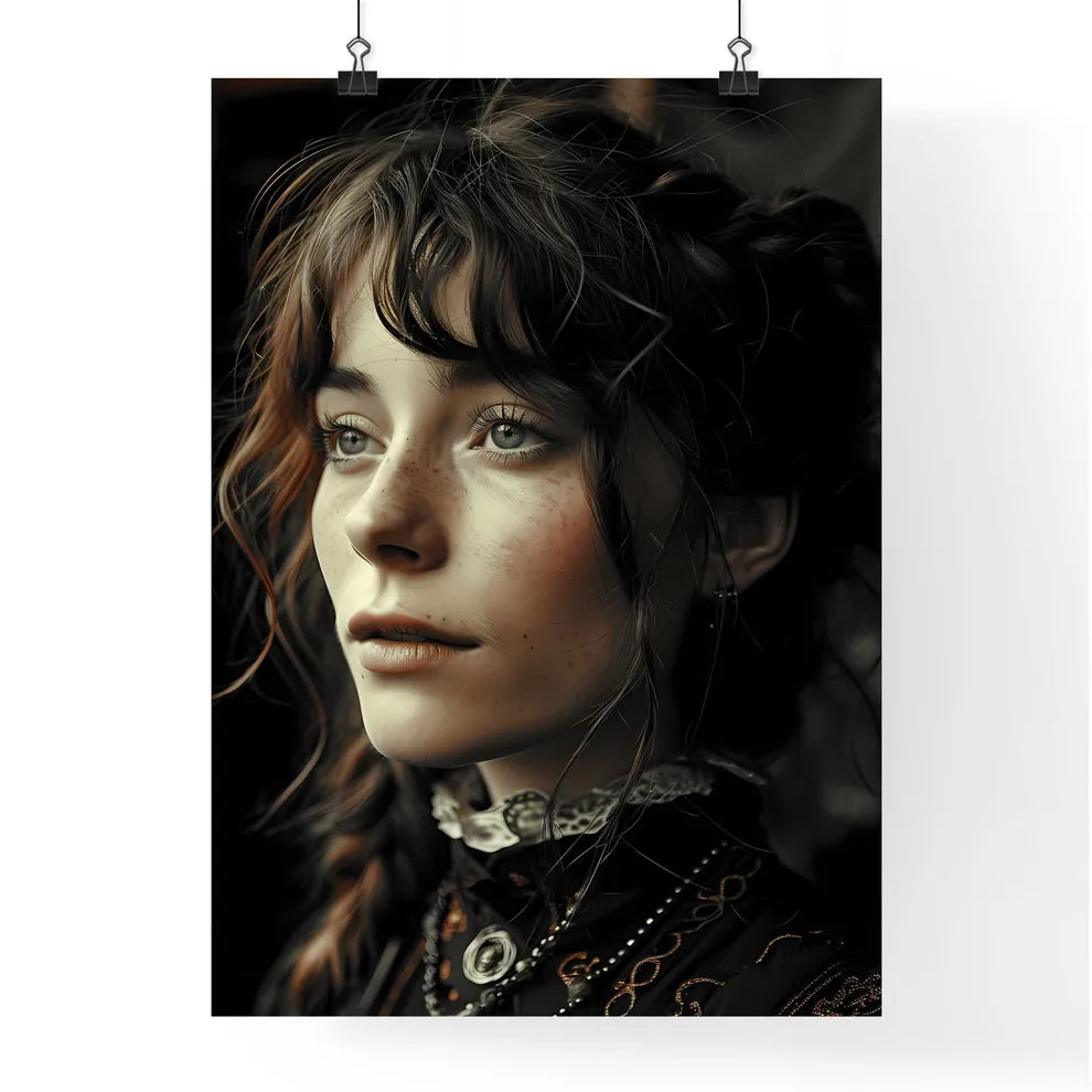 A Poster of a woman with feathers - A Woman With Freckles And Braids Looking To The Side Default Title