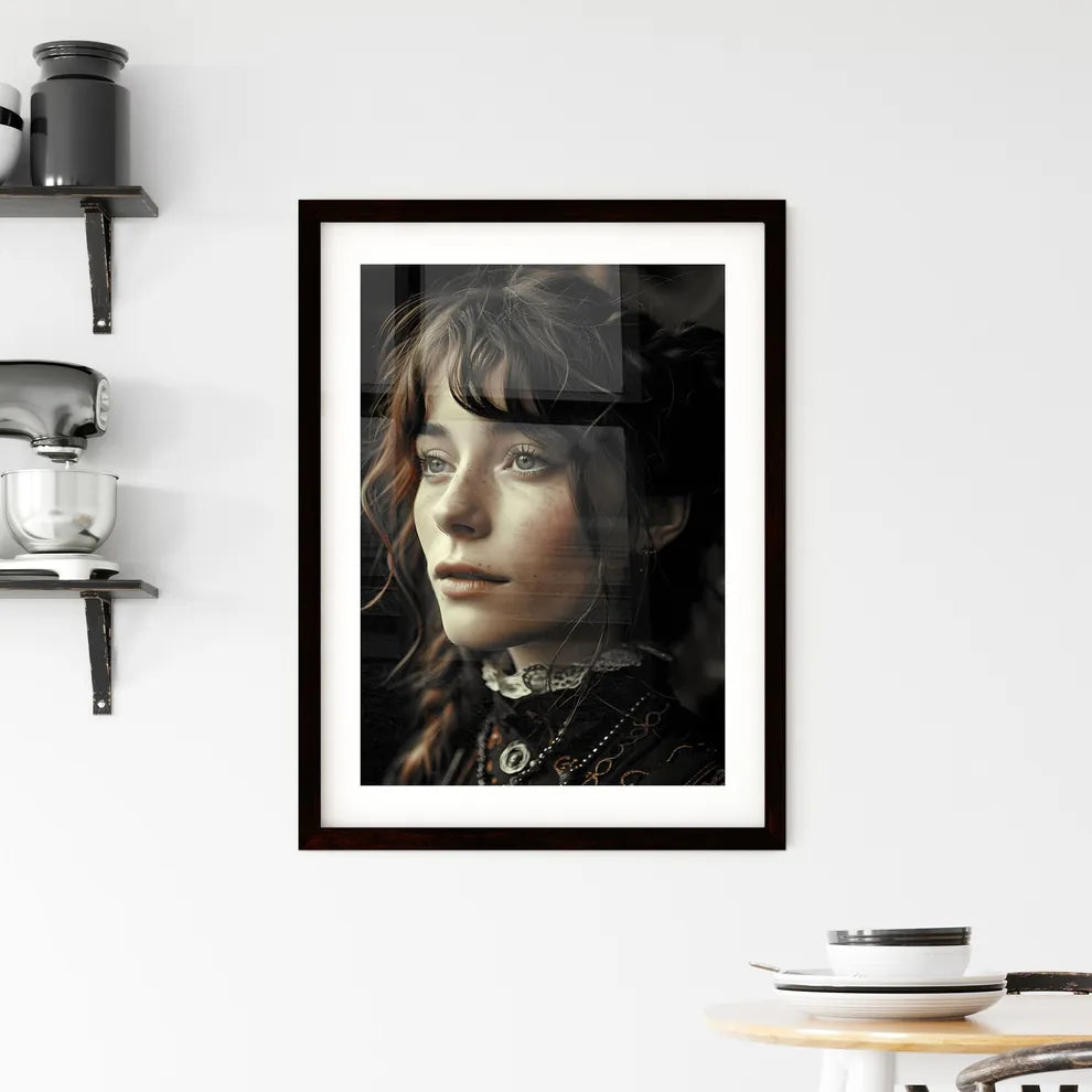 A Poster of a woman with feathers - A Woman With Freckles And Braids Looking To The Side Default Title