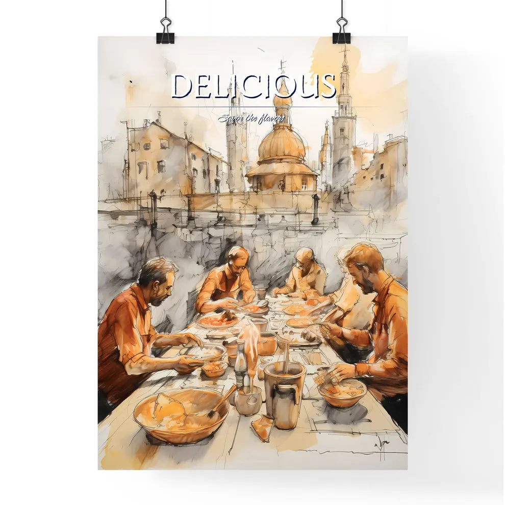 A Poster of tika masala food drawing sketchbook art - A Group Of Men Sitting At A Table Eating Food Poster
