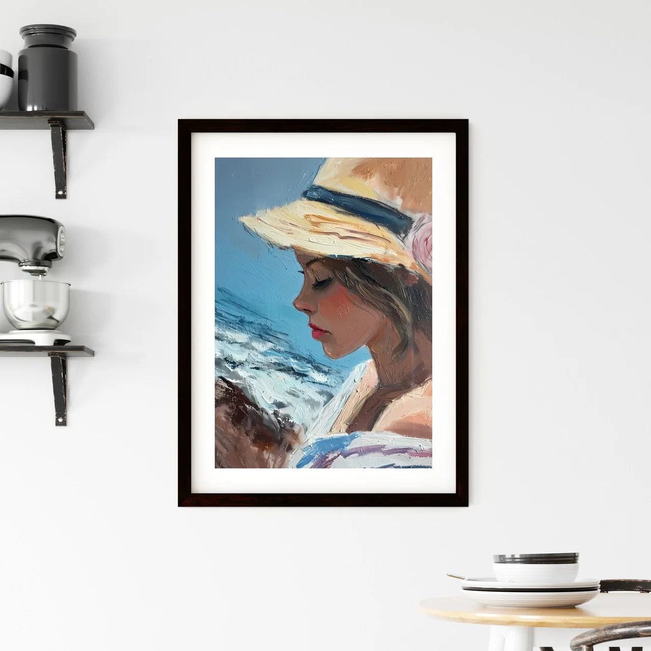 A Poster of pretty lady at the beach - A Wom Framed Print