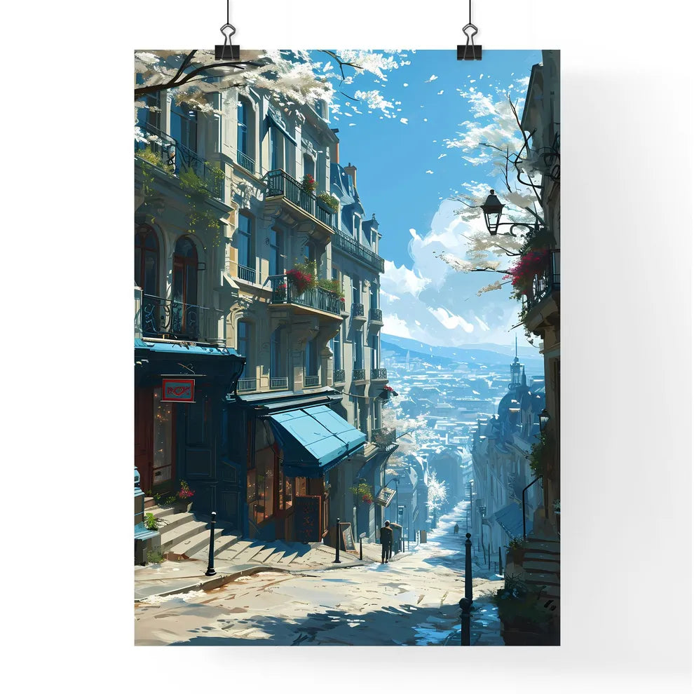 A Poster of Paris Skyline - A Street With Buildings And Stairs Poster